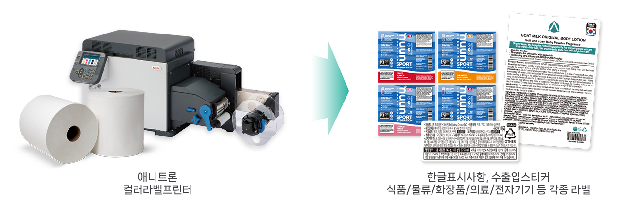 애니트론-컬러라벨프린터-한글표시사항스티커-수출입-식품-물류-화장품-의료-전자제품-라벨